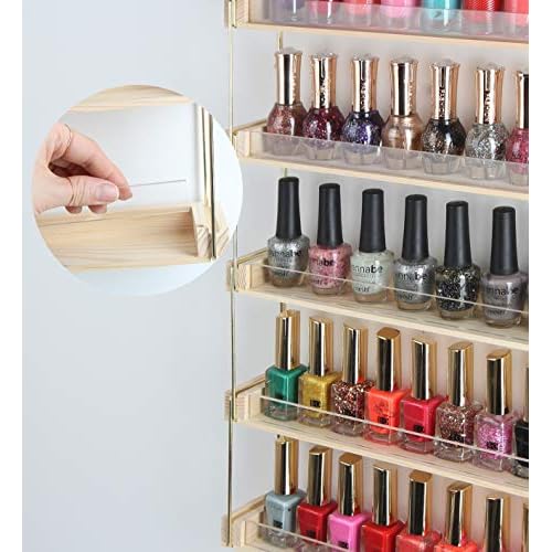 J JACKCUBE DESIGN Wall Mount Gold Metal and Wood Nail Polish Display Shelves Rack Organizer Holds 60 Bottles (5 Tier) - MK543A