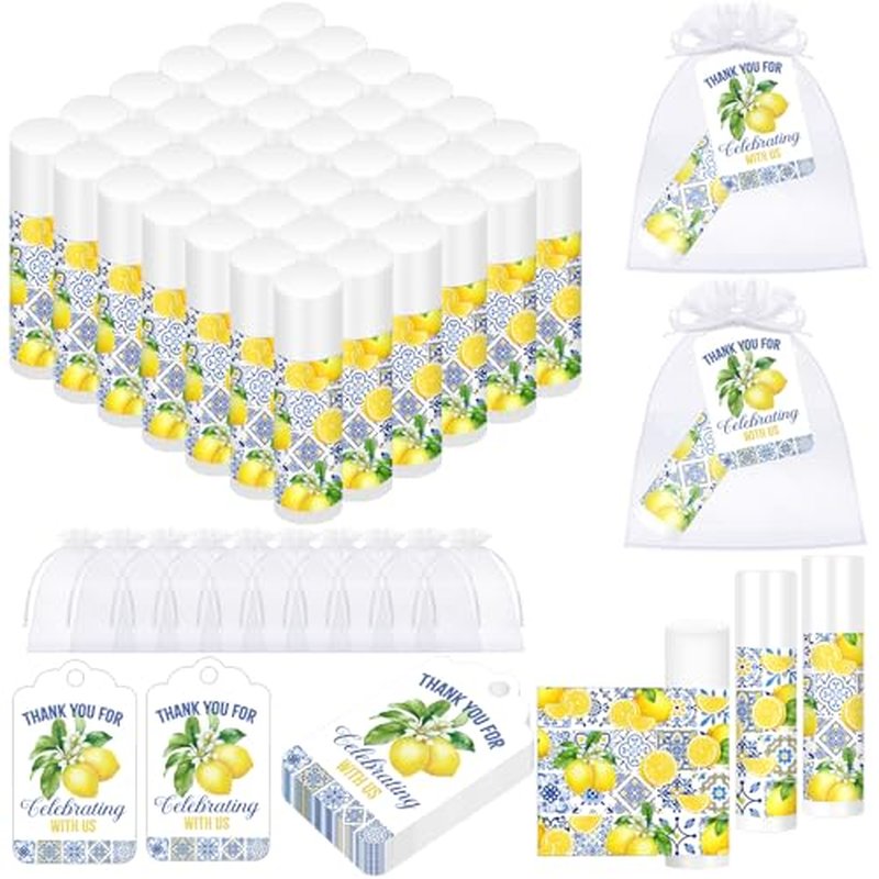 50 Sets Lemon Lip Balm Bulk Baby Shower Favor with Organza Gift Bags and Thank Card Tags Lemon Themed Gifts for Baby Shower Baptism Birthday Party Supplies