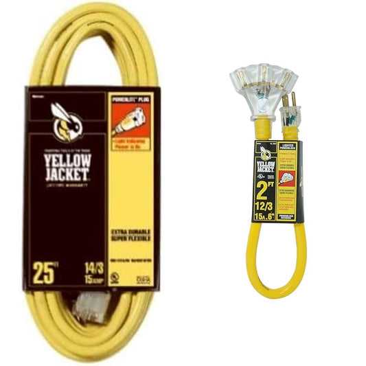 Yellow Jacket 2886 UL Listed 14/3 15 Amp Premium SJTW 25' (7.62M) Extension Cord with Grounded (3 Prong) Lighted Receptacle End & 2882 12/3 Heavy Duty 15-Amp