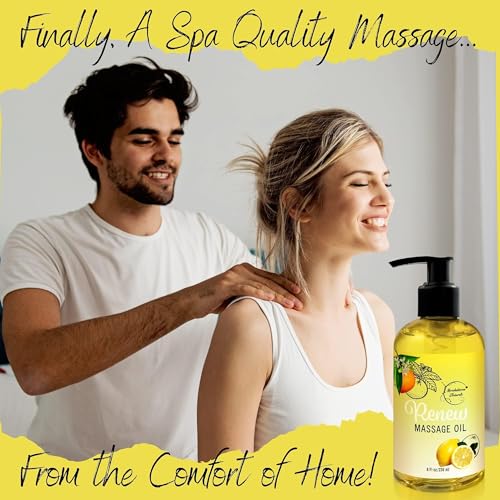 Renew Massage Oil with Orange, Lemon & Peppermint Essential Oils - Great for Massage Therapy or Home use. Ideal for Full Body ? with Almond, Grapeseed & Jojoba ? by Brookethorne Naturals