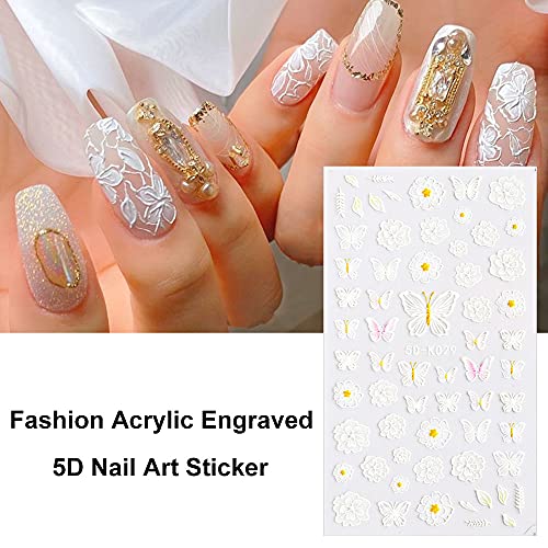 5D Embossed Flower Nail Art Stickers Realistic Rose Butterfly Leaf Nail Decals Self-Adhesive Acrylic Engraved Nail Decoration Accessories Sliders for Women Nail Art Designs DIY Nail Decor (4 Sheets)