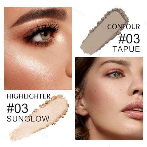 KYDA Baked Highlighter Contour Palette, Champagne Face Illuminator & Natural Matte Contour, Lasting Glow Face Sculpting Contouring Makeup, Buildable Shimmer Color, Sun Glow & Taupe