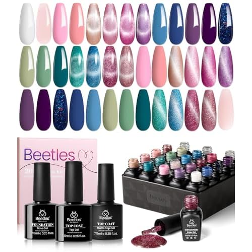 Beetles Gel Nail Kit Easy Nail Extension Set Etch X Nail Tips 504Pcs Short Almond Half Matte with beetles Gel Polish 24Pcs Cat Eye Gel Nail Polish Set, Glitter Blue Pink Purple Green Shimmer