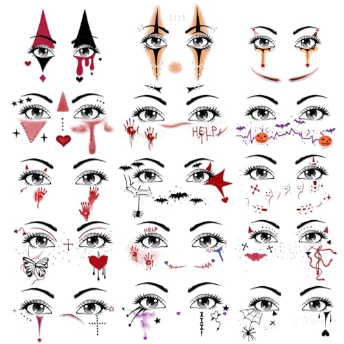 Halloween Face Tattoos Stickers - 15 Sheets Temporary Tattoos