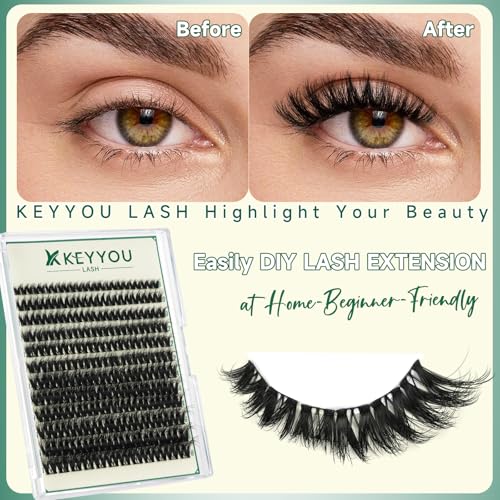 KEYYOU 3D Eyelash Extensions Clusters - 144pcs D Curl, 8-18mm