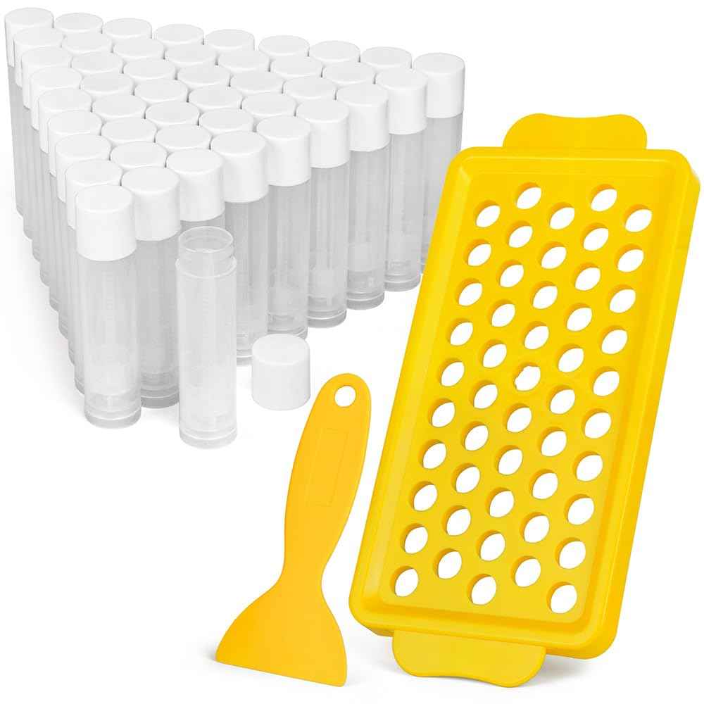 LotFancy Lip Balm Tubes with Filling Tray and Spatula, 50Pcs 5.5ml (3/16 Oz) Clear Lip Balm Containers with White Caps, BPA Free & Leak Free