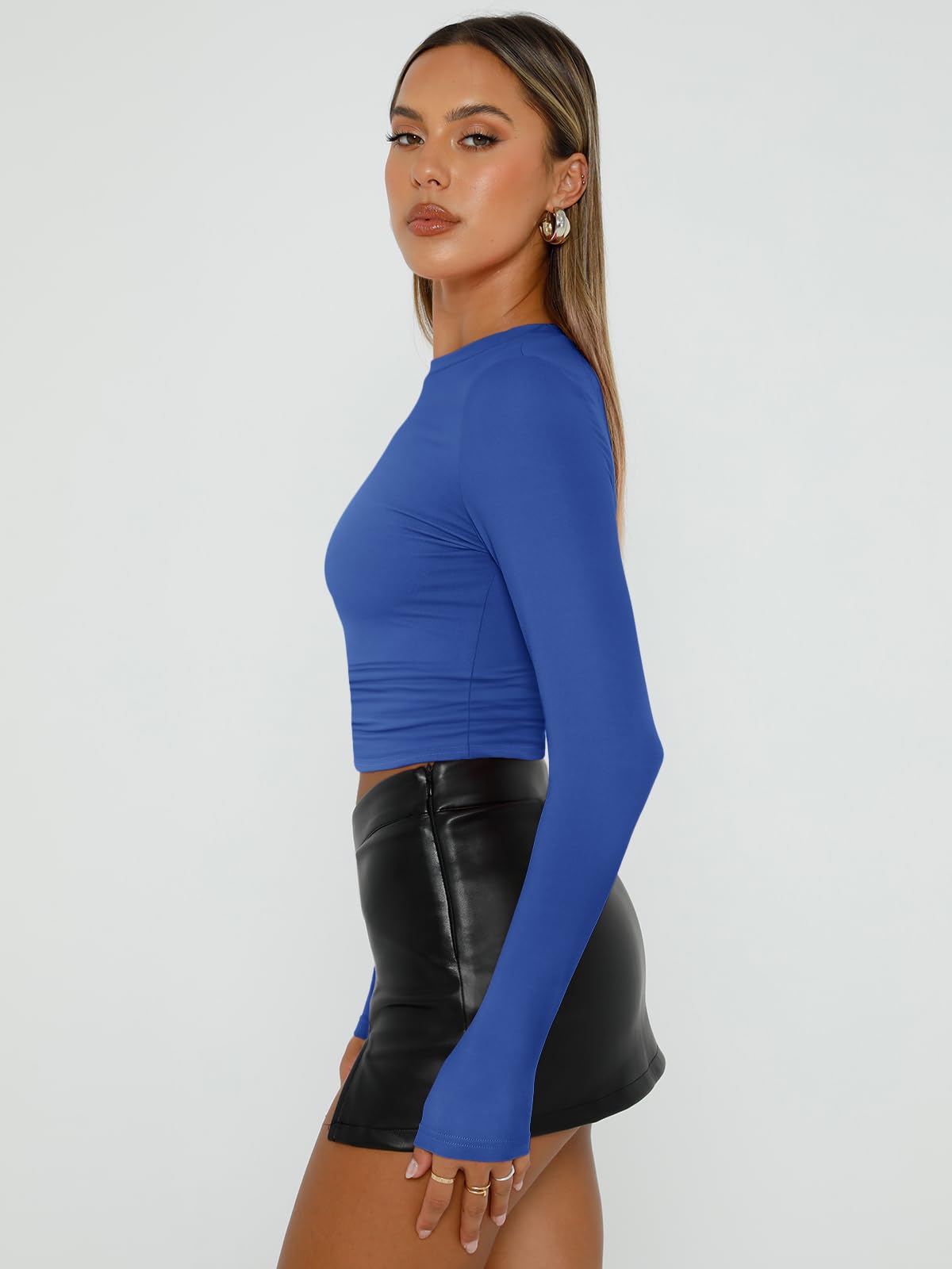 Trendy Queen Womens Long Sleeve Shirts Basic Spring Crop Tops Tees Tight Slim Fit Cute Going Out Outfits Teen Girls Fall Winter Y2k Clothes 2024 Royal Blue XS