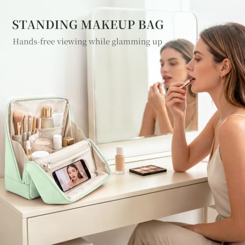 LiviWild Green Travel Standing Makeup Bag with Compartments & Waterproof Design