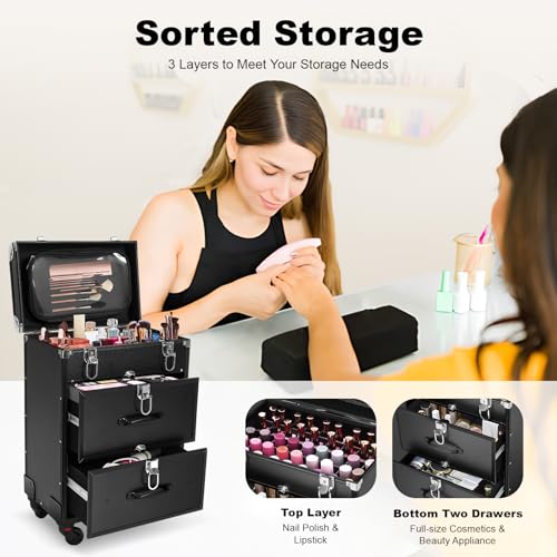 Lockable Rolling Makeup Train Case with 3 Drawers - 110lbs Capacity