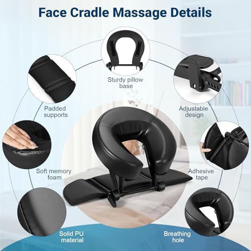 Face Down Tabletop Massage Kit, Adjustable Massage Headrest Face Cradle with Hand Rest Pad Universal Table Face Pillow for Office Desk & Spa Table Bed, Portable Ergonomic - Black