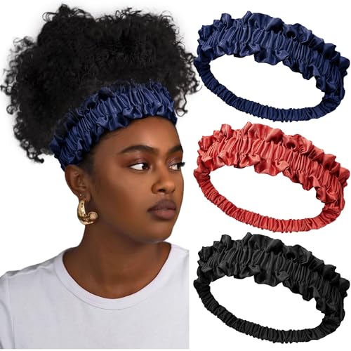 HAIMEIKANG 3 Pack Women's Headbands - Elastic Satin Head bands, Vintage Silk Headband, Fashion Headwraps, Hair Band Accessories for Women and Girls (Navy, Black, Brown)