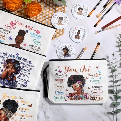Roowest 40 Pcs Black Women Gifts Bulk Makeup Bag with Inspirational Compact Mirrors, Funny Small Travel Cosmetic Gifts for Womens Day Black Women