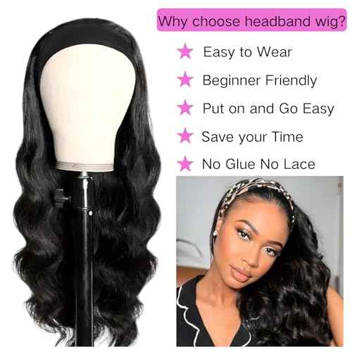 Headband Wig Human Hair Body Wave 18 Inch Glueless No Sew Headband Wig 100% Brazilian Virgin Hair 180% Dencity Wear and Go Headband Wigs for Black Women Natural Color Beginner Friendly