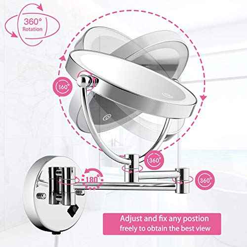 Wall Mounted Lighted Makeup Mirror, 8 Inch Double-Sided 1X 5X Magnifying Mirror for Bathroom, 11'' Extendable Arm, 360¡Æ Swivel, Touch DimmableLED Lights, Powered by Plug in, Chrome