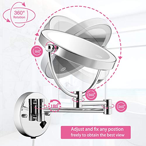 Wall Mounted Lighted Makeup Mirror, 8 Inch Double-Sided 1X 5X Magnifying Mirror for Bathroom, 11'' Extendable Arm, 360¡Æ Swivel, Touch DimmableLED Lights, Powered by Plug in, Chrome