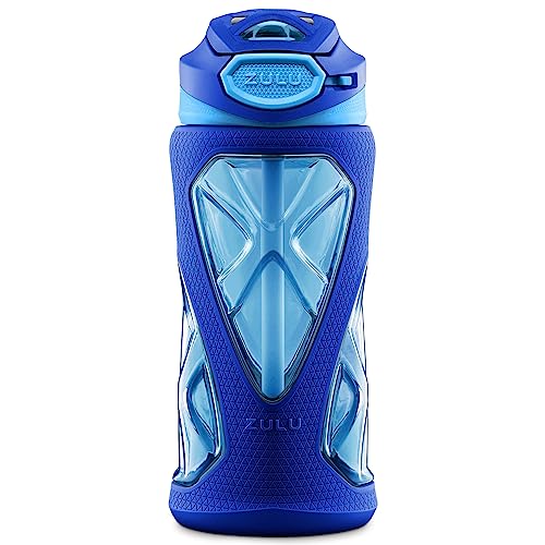 ZULU Torque 16oz Plastic Kids Water Bottle with Silicone Sleeve and Leak-Proof Locking Flip Lid and Soft Touch Carry Loop for School Backpack, Lunchbox, Outdoor Sports, Dishwasher Safe, Mojo Blue