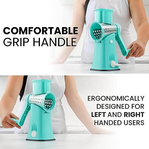 Zulay Rotary Cheese Grater 5 Blade Cheese Shredder - Manual Hand Crank Cheese Grater With Reinforced Suction & 5 Interchangeable Drums - Easy to Use Vegetable Chopper - Calm Teal