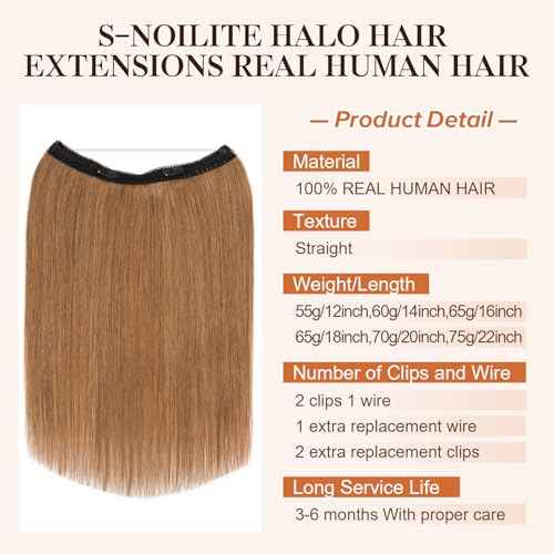 Halo Hair Extensions Real Human Hair,S-noilite Halo Hair Extensions,Halo Hair Extension for Women,100% Human Hair Halo Extensions,Halo Hair 55g/12inch 06 Light Brown