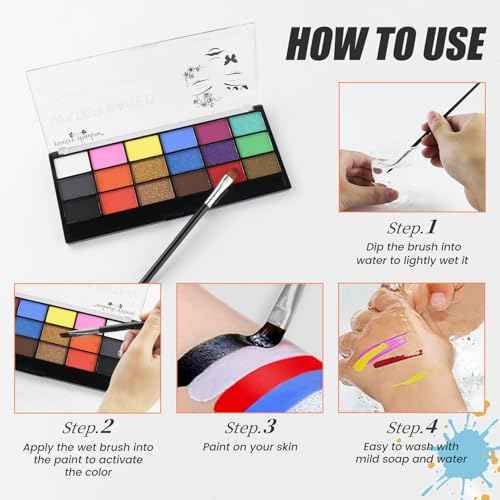 Face Painting Kit Non-toxic Body Paint Washable 18 Colors Facepaint Makeup Kit for Adults with 10 Face Paint Brushes for Halloween Party Cosplay Makeup (Color 001)