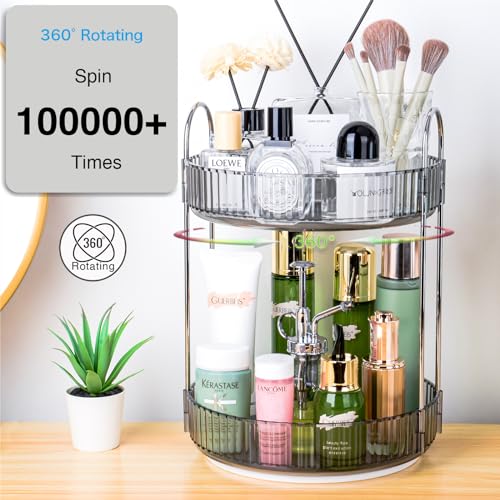 Niluks Classic Grey 2-Tier Rotating Makeup & Skincare Organizer, Lazy Susan Vanity Storage