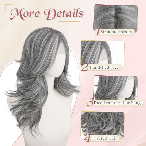 Haloo 20 Inch Grey Layered Wig with Curtain Bangs - Lace Front Synthetic Hair for Women