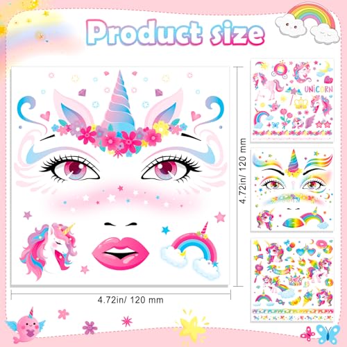 HOWAF Unicorn Face Tattoos - 4 Sheet Set, Waterproof Halloween