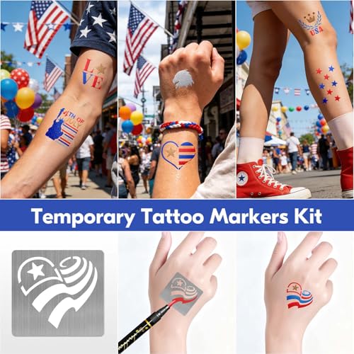 4th of July Temporary Tattoo Markers - 12 Reusable Stencils & 8 Metallic Pens