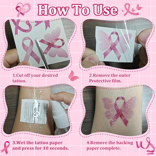 Glitter Breast Cancer Ribbon Temporary Tattoos, 12 Sheets