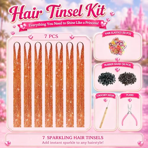 Orange Hair Tinsel Kit - 7 Pcs Glitter Extensions for Festivals