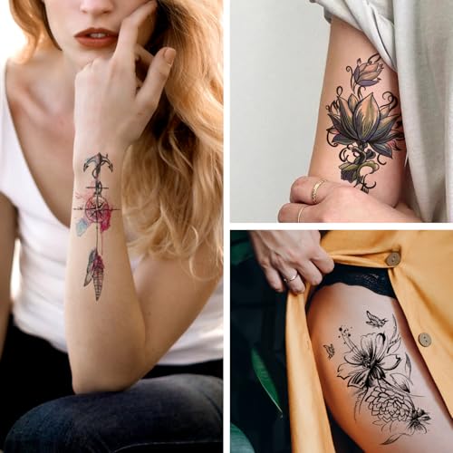 VERKSTAD Christmas 12 Sheets Temporary Tattoos for Men Women Adult, Half Arm Sleeve Waterproof Fake Temp Tattoo Stickers, Fox Tiger Mermaid Sexy Tattoo Hand and Body Art Parties