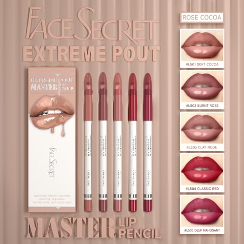 Matte Lip Liner Set - 5PC Brick Red & Cocoa Brown with Brush