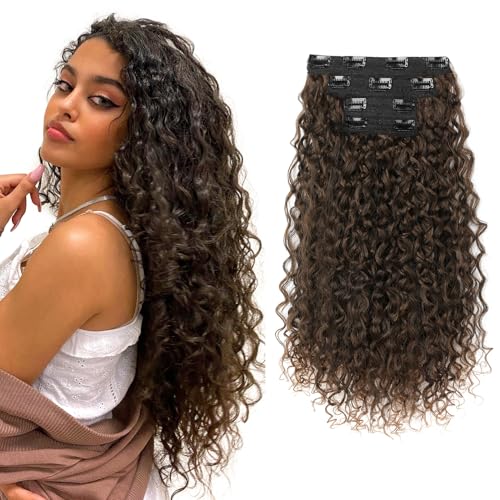 Flufymooz Clip-In Hair Extensions 20 Inch Curly Dark Almond Brown