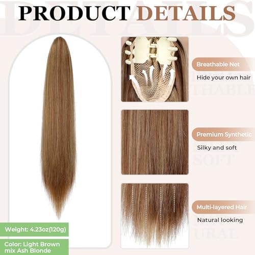 Cephermer 18" 20" Clip-In Ponytail Extension - Curly & Straight Synthetic Hairpiece in Light Brown & Ash Blonde