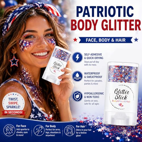 Red White Blue Glitter Stick - Waterproof 4th of July Face Makeup