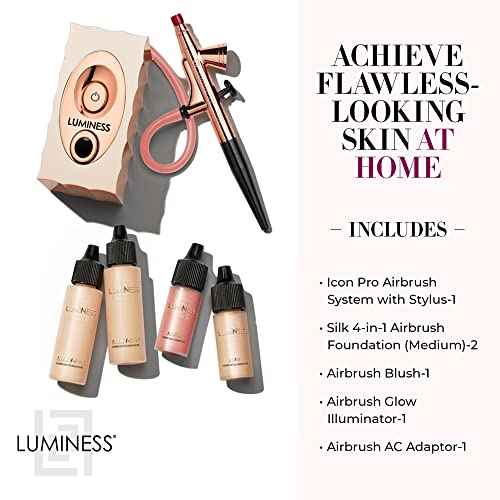 Luminess Air Icon Pro Airbrush System with 4-Piece Foundation Starter Kit, Medium Coverage - Quick, Easy & Long Lasting Application - Includes Silk 4-In-1 Foundation, Highlighter and Blush