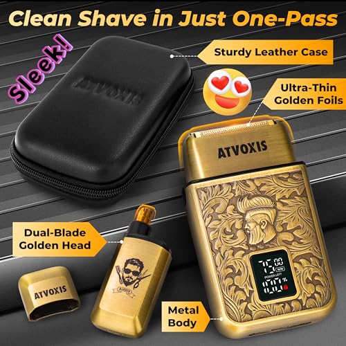 All-Metal Close Shave 3-Speed Foil Shaver for Men: 10,000 RPM Electric Nose & Ear Hair Trimmer Cordless Rechargeable USB-C Fast Charging Charger Included Travel Case (Bronze)
