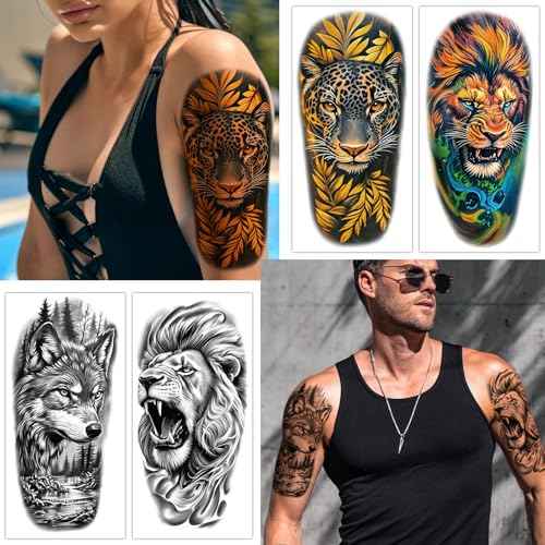 77 Sheets Temporary Tattoos for Adults and Kids - 2 Sizes Fake Tattoo Realistic Lion, Tiger, Wolf, Eagle Owl Forest Animal Designs- Long Lasting Body Tattoo for Halloween, Parties