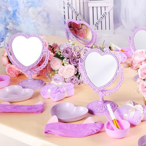 8 Set Spa Party Supplies 8 Heart Shaped Mirrors 8 Silicone Face Mask Brushes 8 Face Mask Mixing Bowl 8 Headband 8 Spa Facial Towel 8 Heart Dish Bowls for Sleepover Slumber Party (Purple)