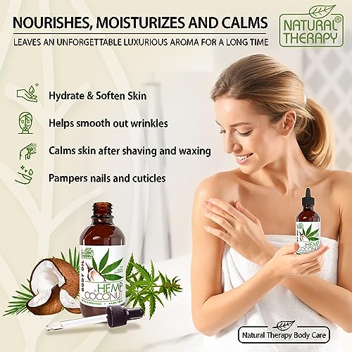 Natural Therapy Body Oil with Hemp & Coconut - Dry Skin Moisturizer and Hydrating Massage Oil - Increase Skin Elasticity and Provide Anti-Aging Support for Face and Body (4 fl.oz)