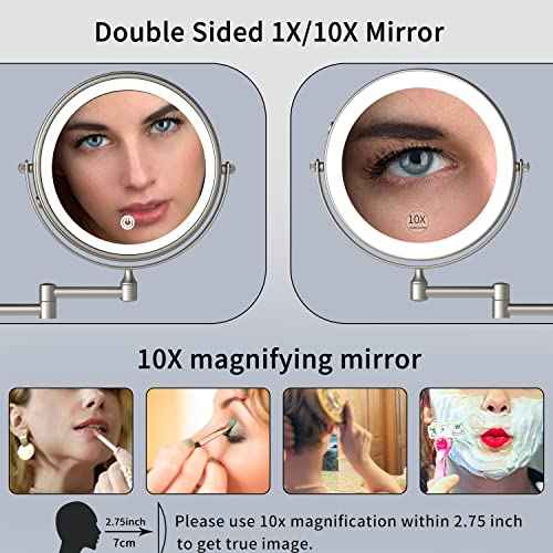 Rechargeable Makeup Mirror Wall Mounted with Double Side 1X/10X Magnification,3 Color Lights Touch Screen and 360¡Æ Swivel Extendable(Brushed Grey)