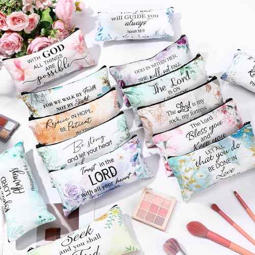 Talltalk 14 Pcs Christian Gifts for Women Religious Makeup Bags Bulk Bible Verse Cosmetic Bags Inspirational Pencil Pouch for Travel Office Gifts Supplies(Vibrant)