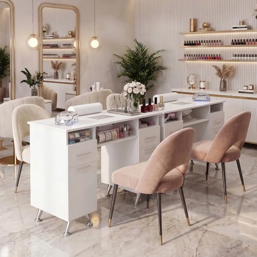 Professional Manicure Table with Glass Top & Storage Cabinets