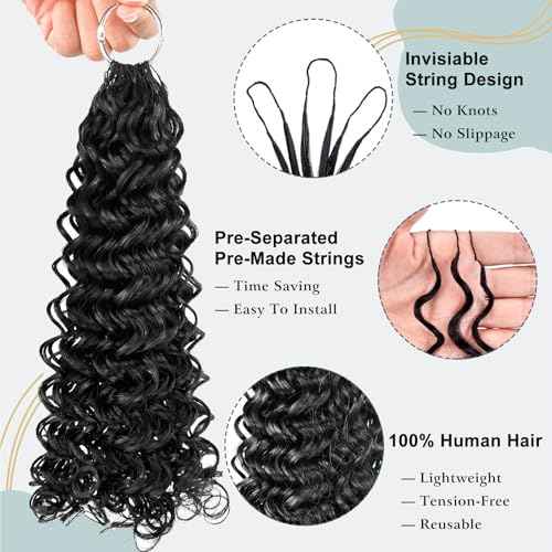 Knotless Crochet Human Hair Extensions 16 Inch Gogo Curl Human Crochet Hair for Boho Braids and Locs Feather Human Hair Crochet Bundles Pre Looped Natural Black Color 60g 50 Strands