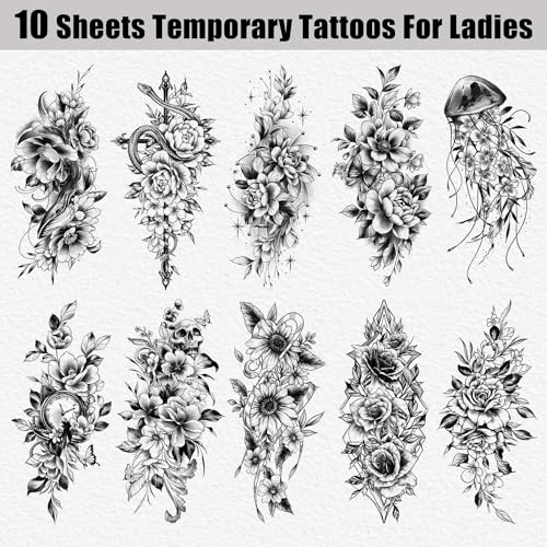 Cerlaza Black Flower Half Sleeve Temporary Tattoos for Women (10 Sheet)