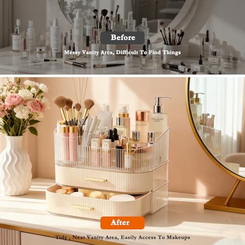 Makeup Organizer for Vanity with Stackable Drawers, 360 Rotating Makeup Brush Holder Large Cosmetic Display Case for Dresser, Bathroom Countertop Skincare Storage, Ideal Gift for Girls (3-layer)
