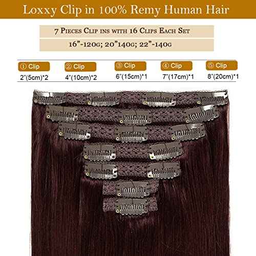 Loxxy 20Inch Seamless Clip In Human Hair Extensions 9A Grade Remy Human Hair Red Wine Color #99J Double Weft Silky Straight Natura Human Hair Thick Silky Straight Hair 7pcs 140 Gram