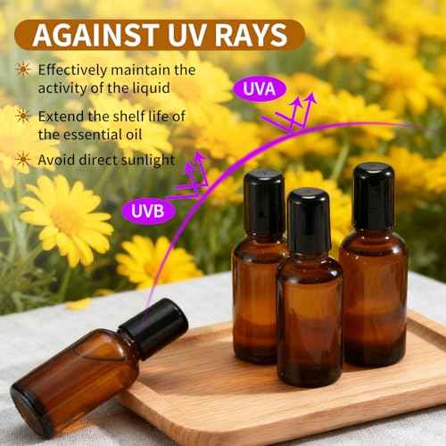 10ML Roller Bottles for Essential Oil, 4 Pack Empty Amber Glass Roller Bottle for Perfume Oil, Roll on Bottles with Stainless Steel Roller Balls, Opener, Funnel and Dropper for Aromatherapy, Massage