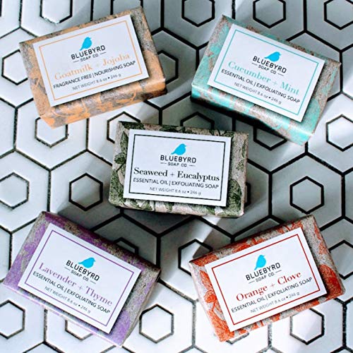 BLUEBYRD Soap Co. 5-Pack Variety Set Exfoliating Essential Oil Soap Bars | 100% Vegan Natural Bar Soap Gift | Cucumber Mint, Goat Milk Jojoba Oil, Lavender Thyme, Orange Clove, Seaweed Eucalyptus(SET)