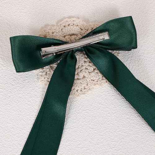 5.5in Hair Clips for Women Dark Green Tassel Ribbon Bow-knot Hairpins with Long Tail,Solid Satin Polyester Alligator Barrettes Claw Clips for Girls Stylish Hair Accessories