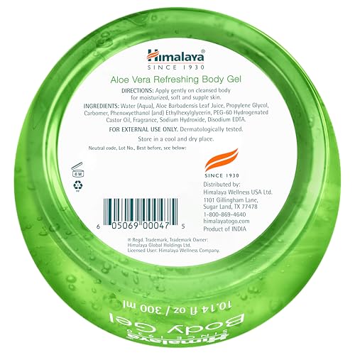 Himalaya Aloe Vera Refreshing Body Gel, with Real Aloe Vera for Moisturizing, Cooling, and Soothing Skin, Lightweight Non-Greasy Formula, 10.14 fl oz (300 ml)